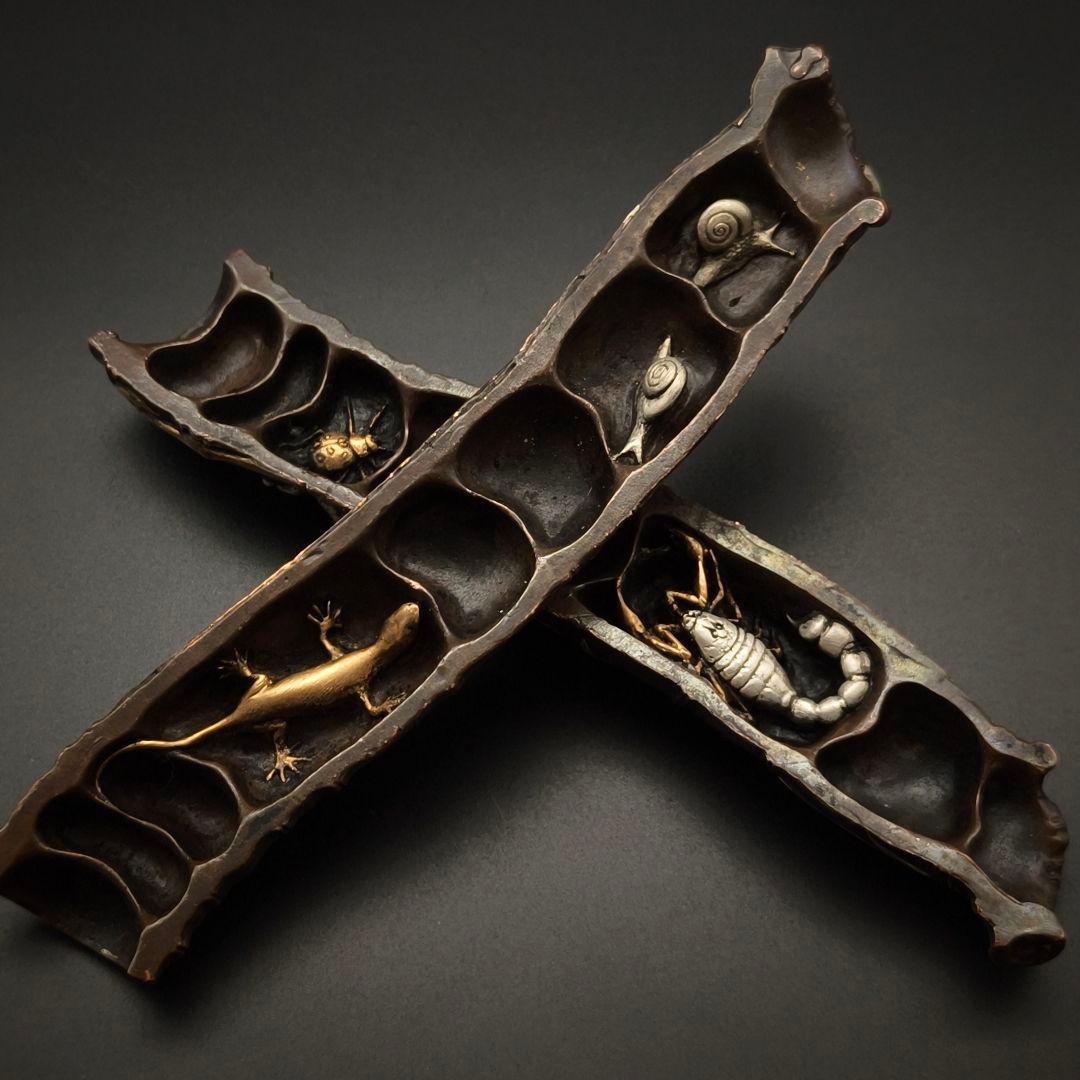 銅製鎮紙　文鎮　夏虫の図　鎮尺　金工師　金工品　絵金銀　竹形　インテリア置物