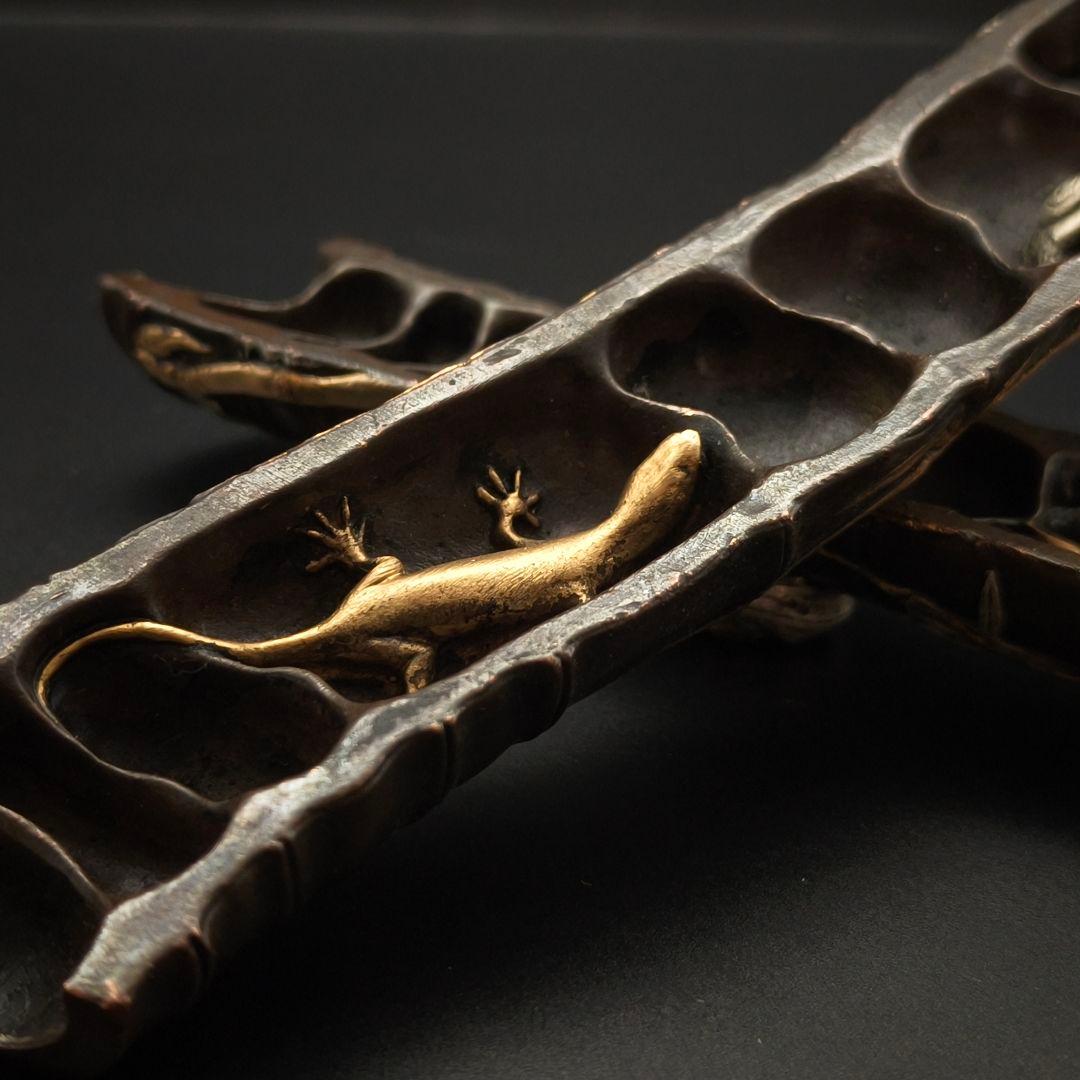 銅製鎮紙　文鎮　夏虫の図　鎮尺　金工師　金工品　絵金銀　竹形　インテリア置物