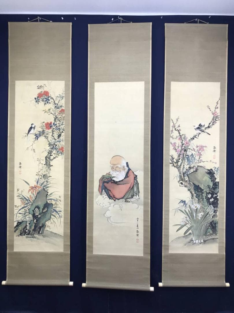 真作】小田海僊/寿星花鳥図/三幅対/花鳥図/人物図/掛軸☆宝船☆AD-447