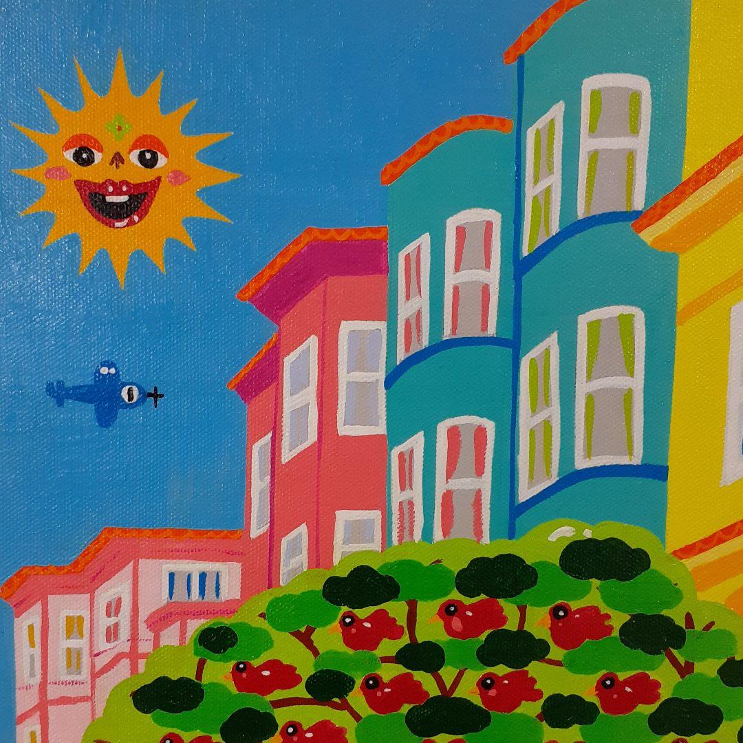 サンフランシスコの赤い鳥とハッピー太陽　F4号　アクリルガッシュ作品