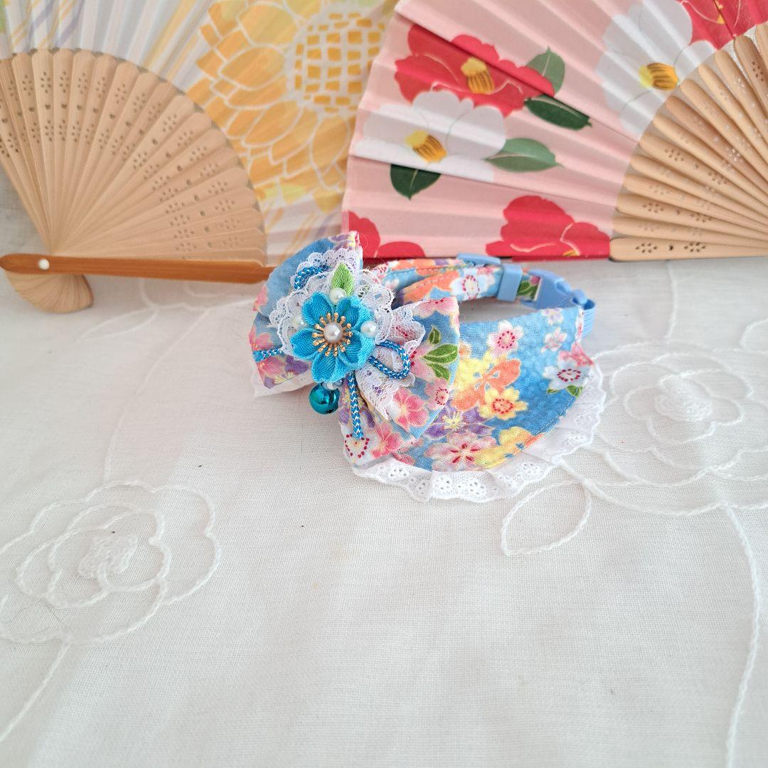 和風ロリータ(藍色)わんちゃん猫ちゃん用襟つき首輪