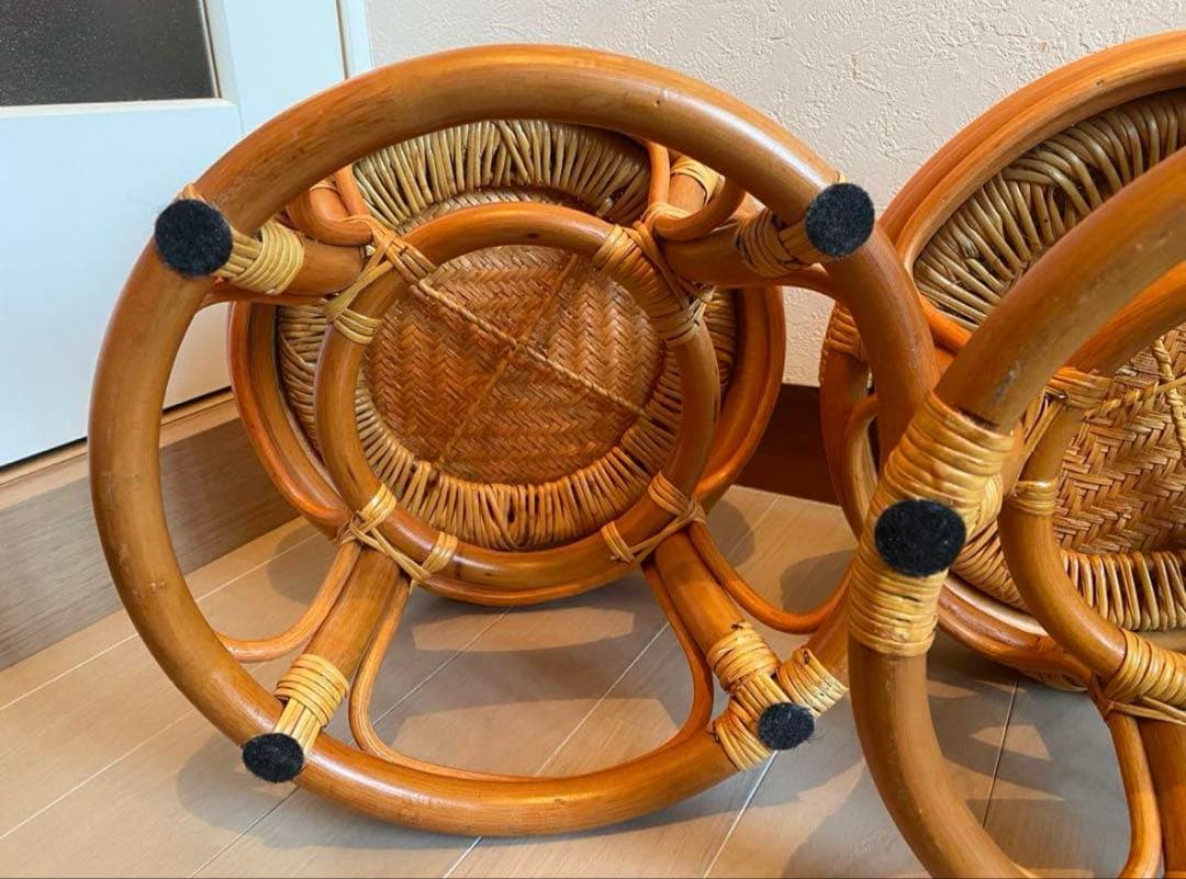 美品　ラタン製 丸型スツール 2個セット