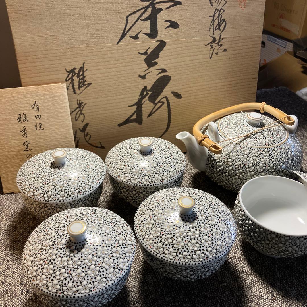 有田焼.浦川雅秀作、玉彩梅詰、雅秀陶芸、極彩梅花、急須.湯呑み5客