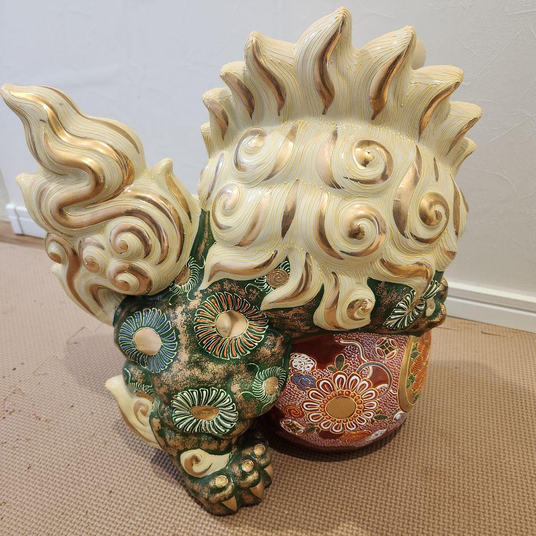 美品】九谷焼 九谷須栄義 狛犬 シーサー/獅子 グリーン金彩 魔除け 玉