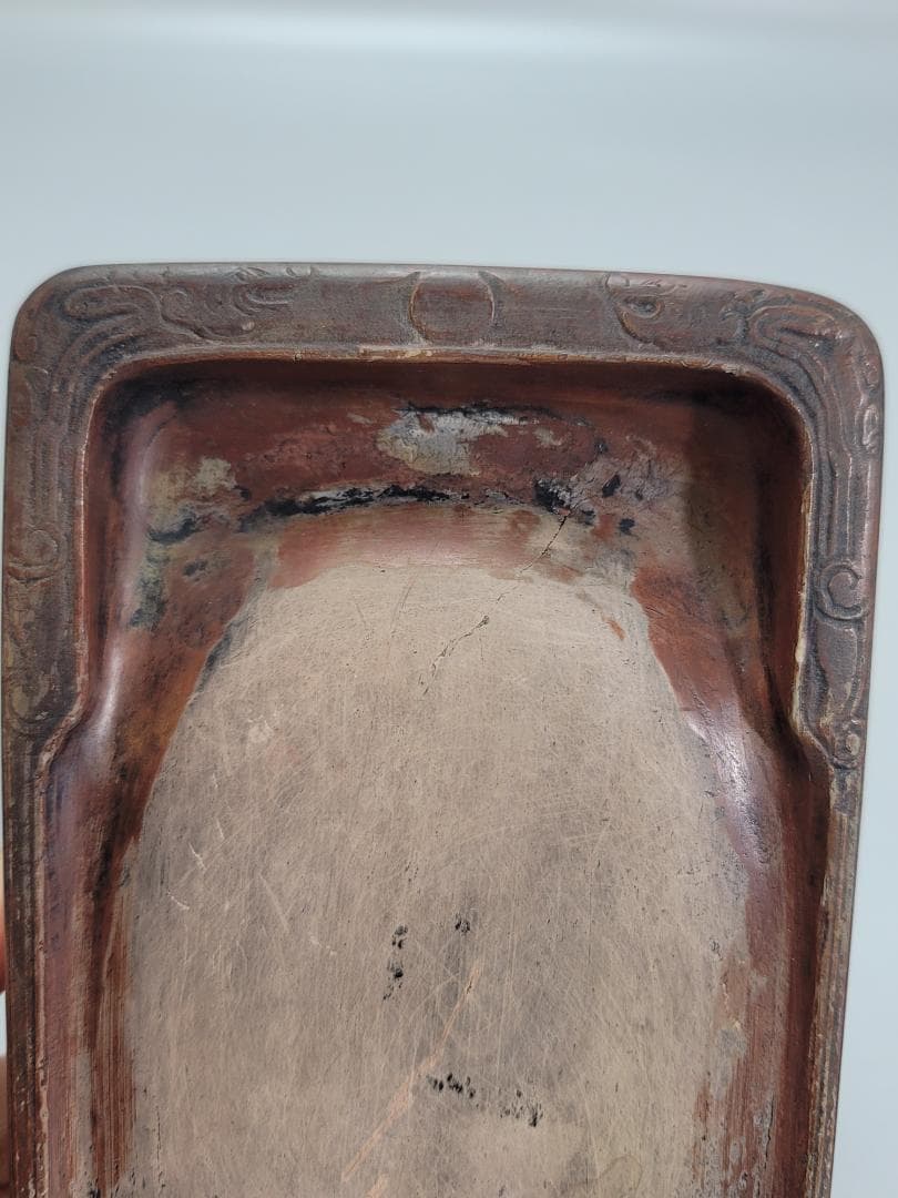 中国美術 書道具 紅澄泥双龍 文長方陶硯