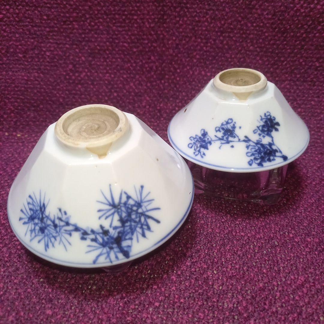 古い盃 2客 染付 左平製 酒器 小付皿 骨董 付属