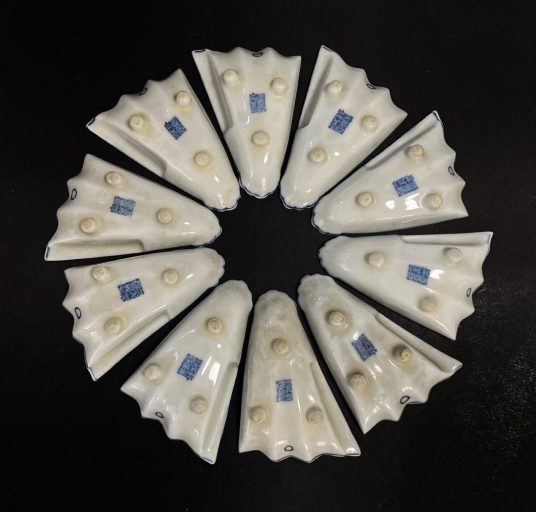 稀少品】「母」中国古玩 古染付 風景図 扇面形 豆皿 10客 （