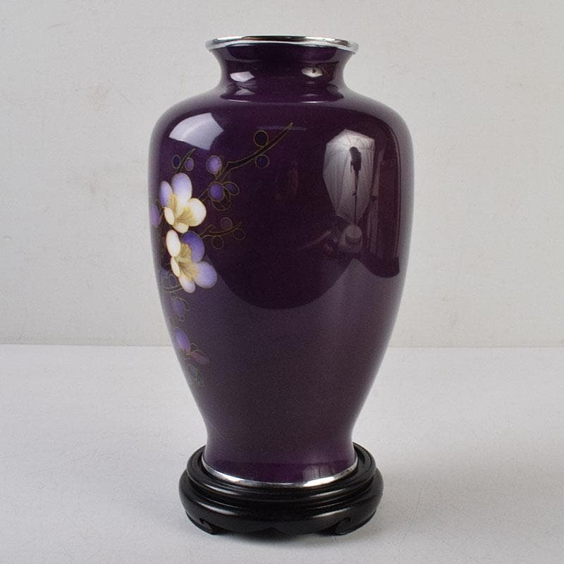 七宝焼　紫地梅文　花瓶　唐木台付　共箱　V　R9100