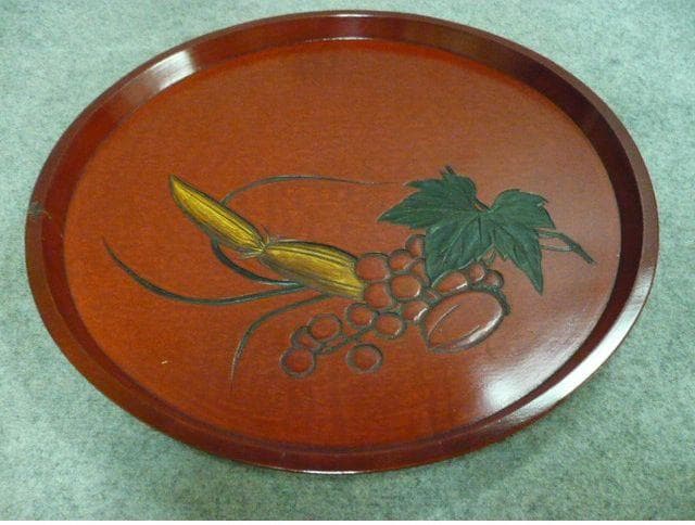 朱塗 彫刻 絵変り 丸盆 5枚 [B31315]