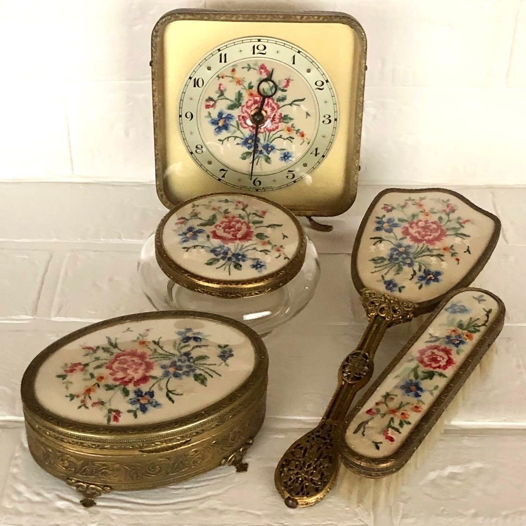 美品＊希少∮英アンティーク＊プチポアン＊プチポワン＊時計 ブラシ 小物入れ 5点 美品＊希少∮英アンティーク＊プチポアン＊プチポワン＊時計 ブラシ