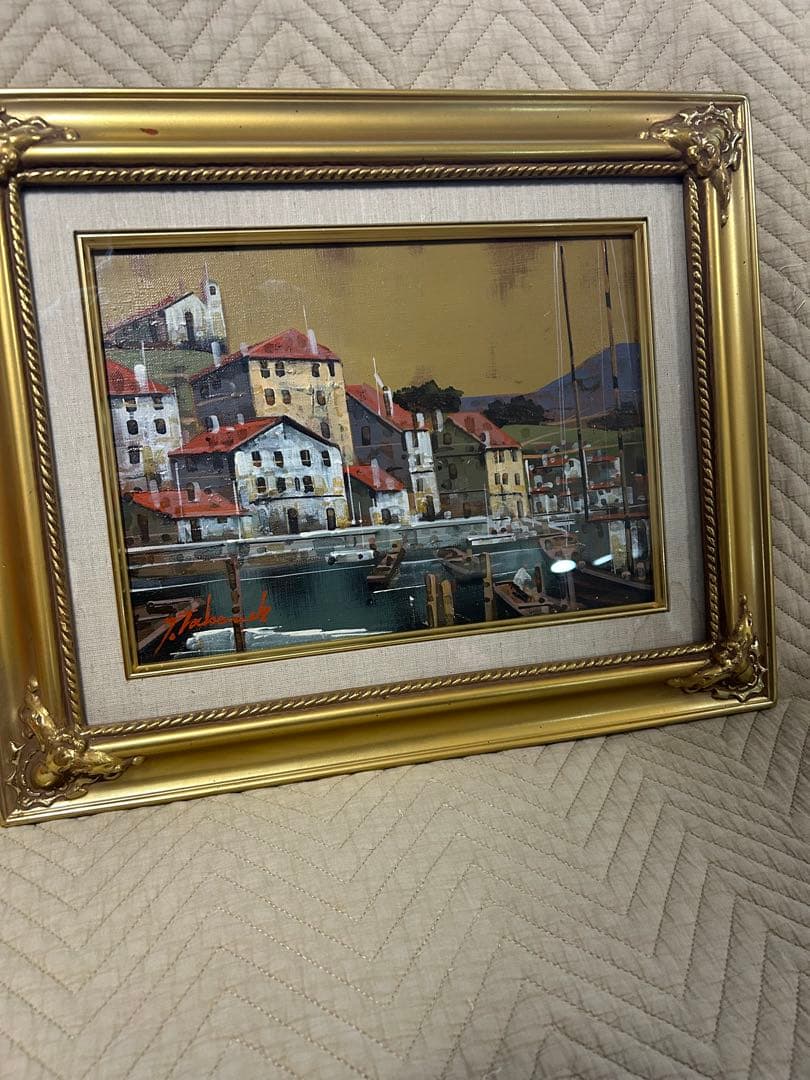 油絵　竹内敏彦　「スペインの港」　F4