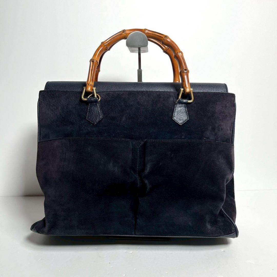 【希少✨】グッチ バンブー 2way ハンドバッグ スウェード 大容量 ネイビー