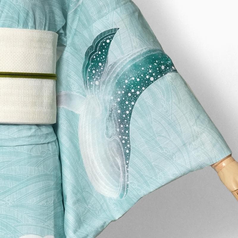 最終品★ミントグリーン地にクジラと波柄★めずらしい絵羽浴衣★夏きもの大人の浴衣