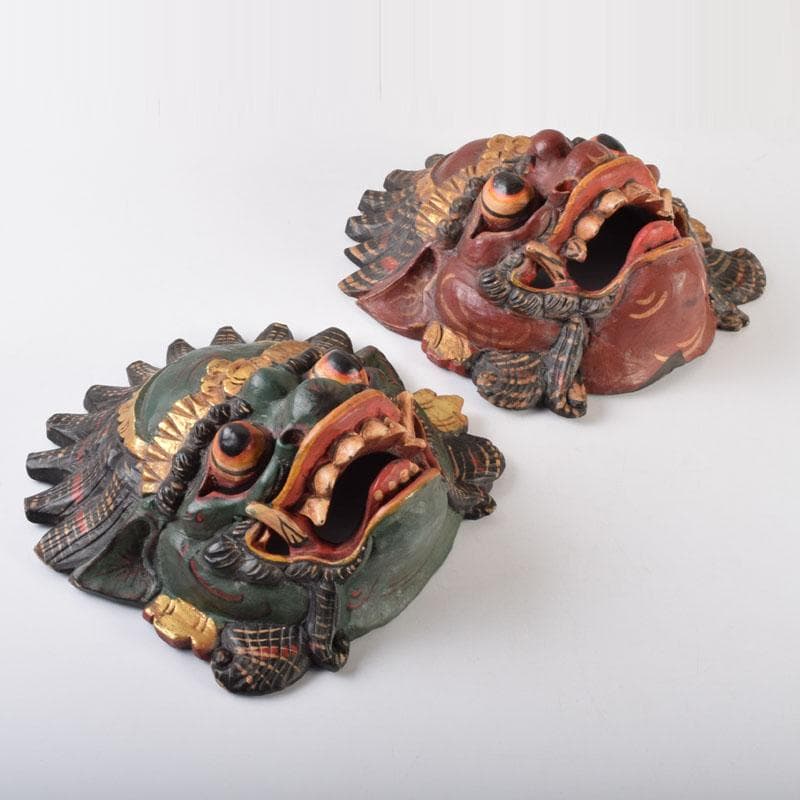 バリ島 インドネシア 木彫彩色 バロン 面 壁飾 一双 V 9089 美術品