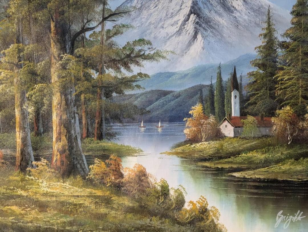 【真作】絵画　油彩　湖畔の教会とアルプス　風景画　洋画風景　W125