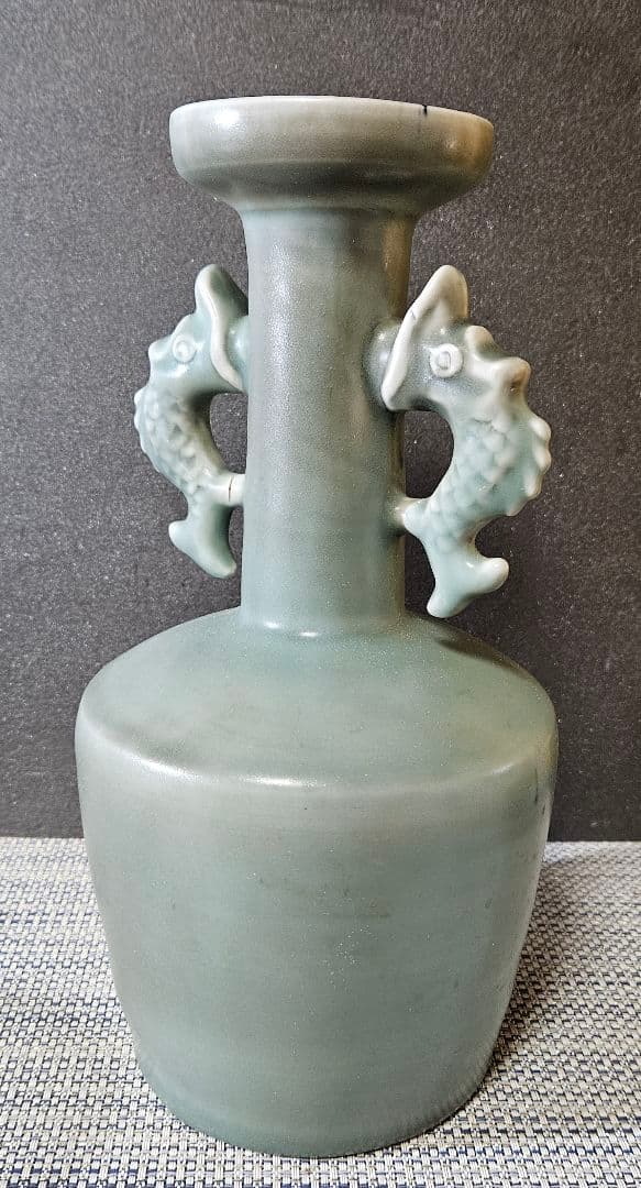 中国古美術　中国古陶磁器　鈞窯系　汝窯系　天青釉　双魚耳　大瓶　花入　オブジェ