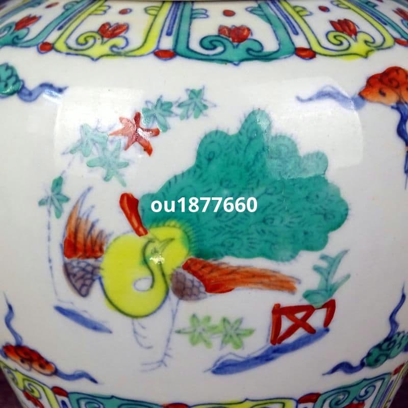 青花斗彩孔雀紋天子壺 景徳鎮 陶磁器 装飾品 現代工芸品 美術品 置物