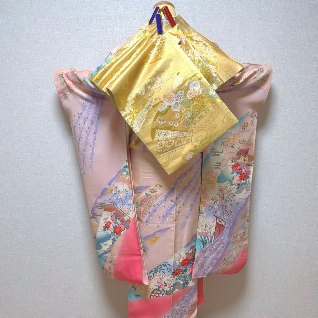 12 振袖フルセット 正絹 薄桃 ピンク 水色 金彩 暈し染め 華やか 小柄