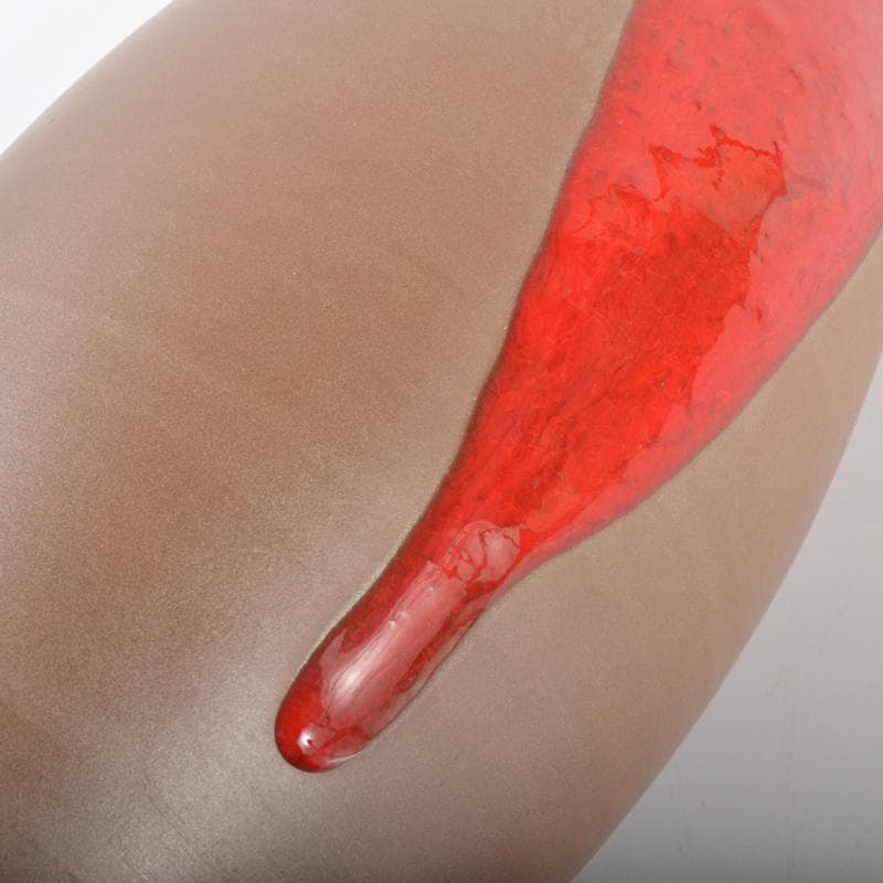 森山焼　赤焼　四代目　鈴木静邨作　紅彩鶴首花瓶　共箱　V　4186A