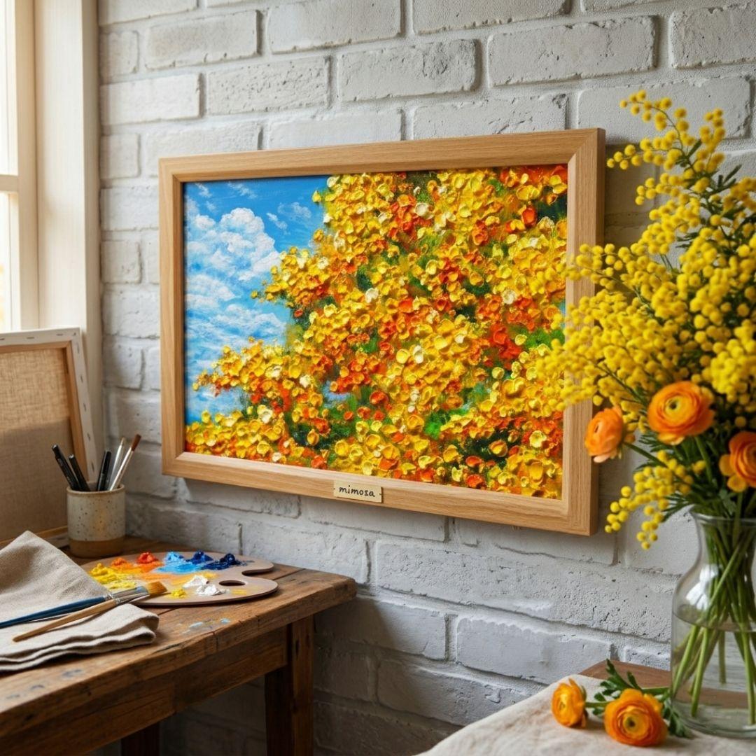 油絵 油彩 油彩画 絵 絵画　【青空のミモザ】