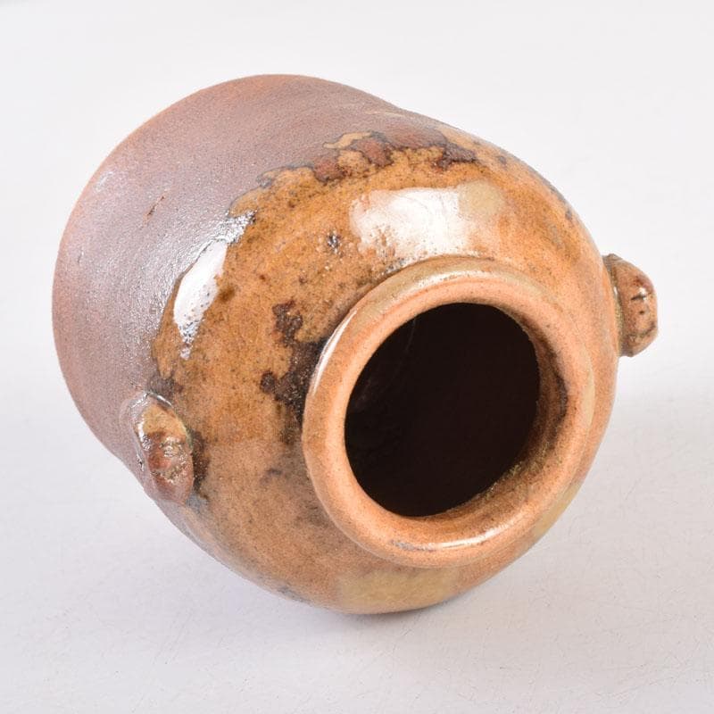 茶道具 萩焼 守繁栄徹作 耳付茶入 名物鷄頭金襴仕覆付 共布共箱 V 8498