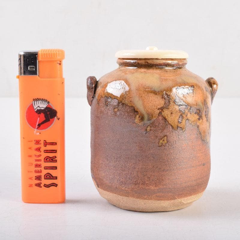 茶道具 萩焼 守繁栄徹作 耳付茶入 名物鷄頭金襴仕覆付 共布共箱 V 8498