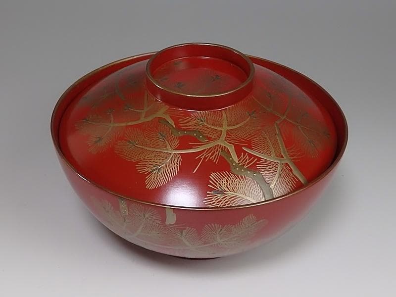 金蒔絵　若松の図　朱塗吸物椀　木製品　５客　A-FFm