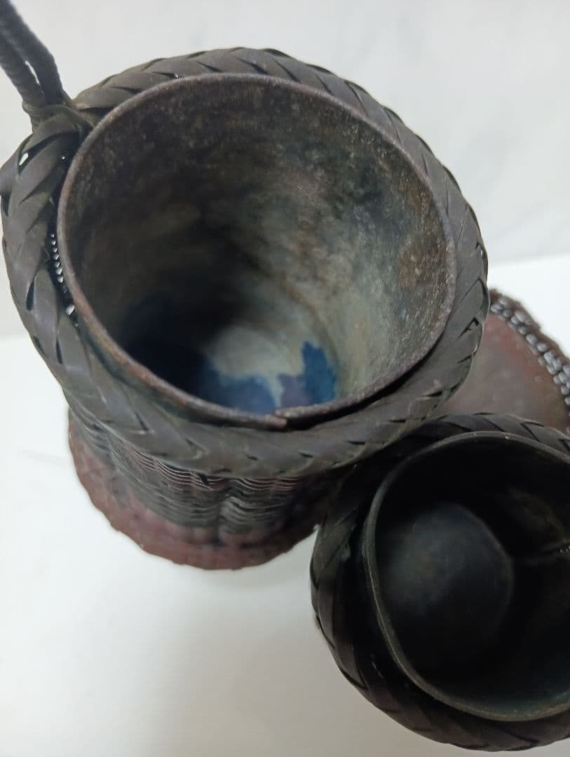 江戸時代武家旧家蔵出古銅製編込み細工茶道具置物アンティーク飾り