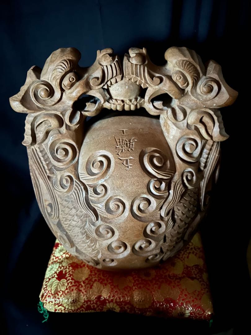 銘玉鱗 上彫】木魚 国産本楠製（口径27cm、口径30cm、口径33cm