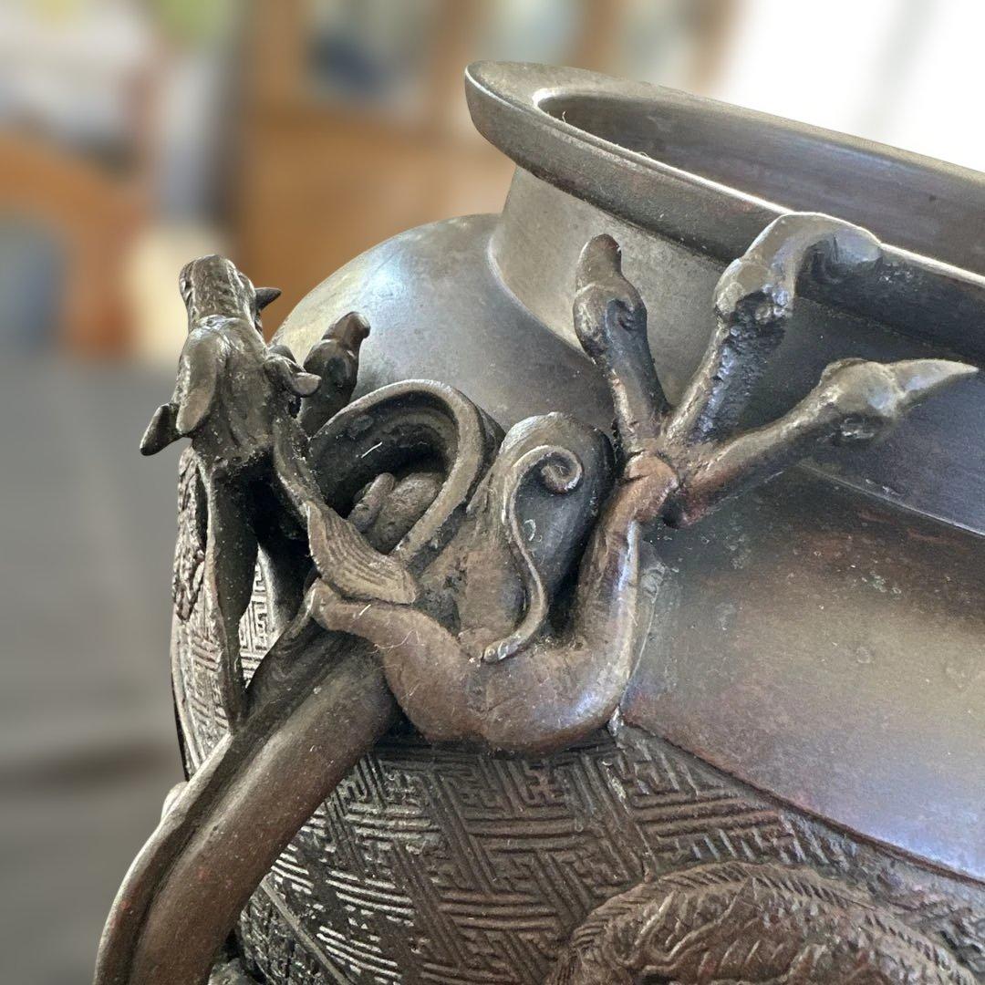 【アンティーク　骨董品】真鍮製　銅製耳付き花瓶　龍　鳳凰　茶道具　銅鉄器　縁起物
