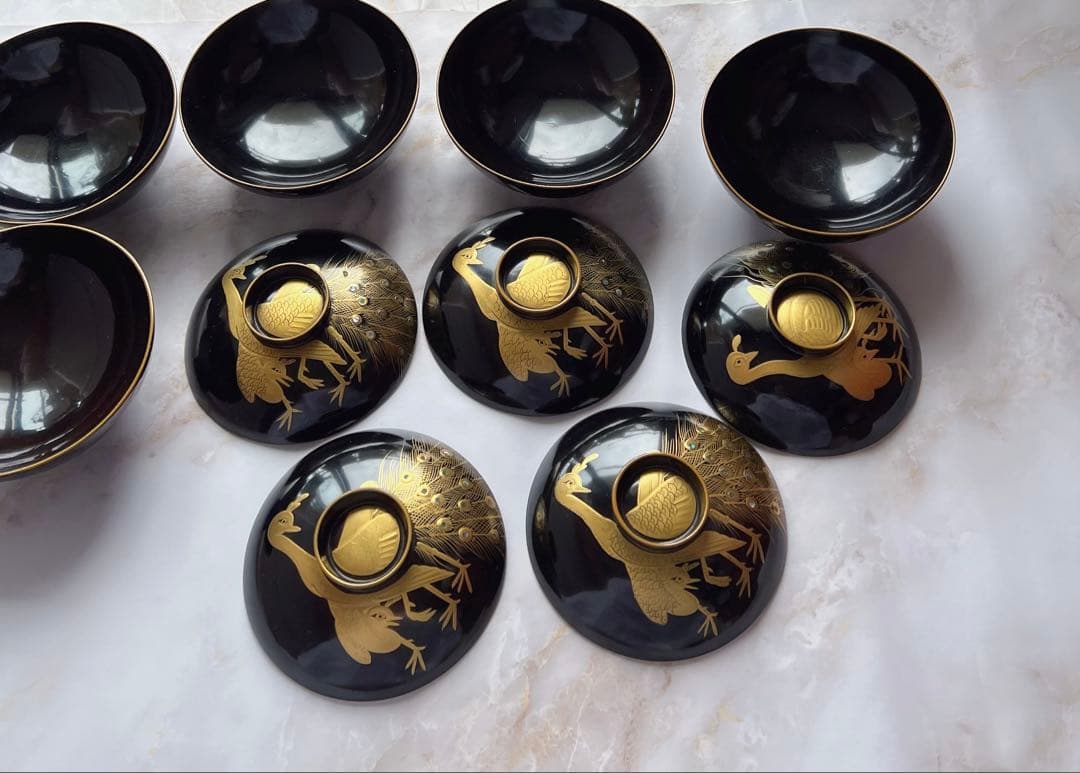 アンティーク　輪島塗 黒塗　孔雀　金蒔絵　細工 漆器 吸物雑煮汁椀 吸物椀