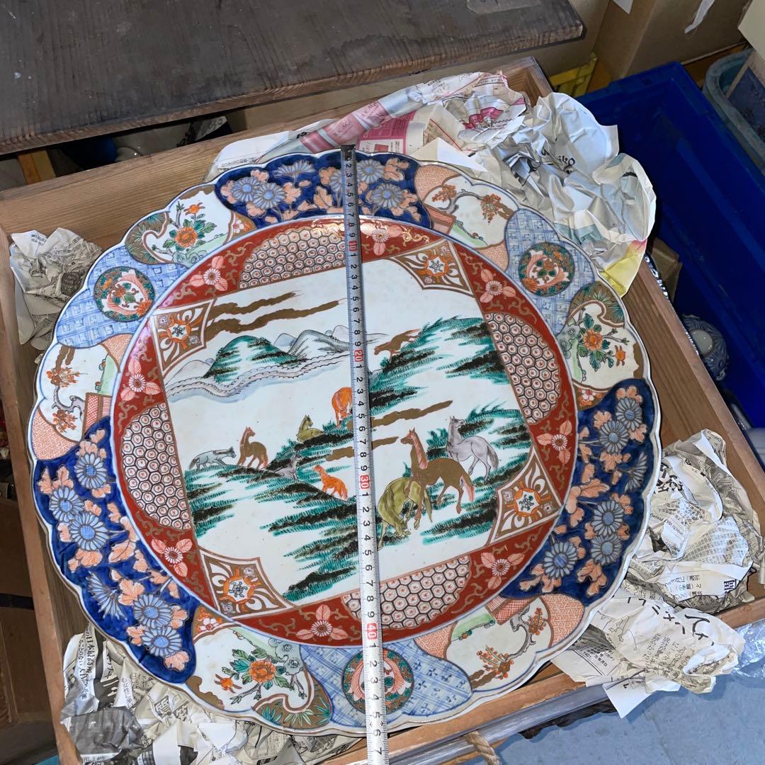 古伊万里 大皿 額皿 馬 飾皿 色絵 金彩 46cm 共箱入 大皿 陶磁器