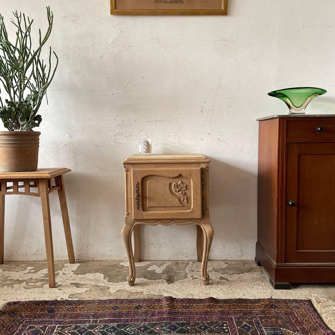 フランスアンティーク木製*大理石キャビネット/ナイトテーブル机(90