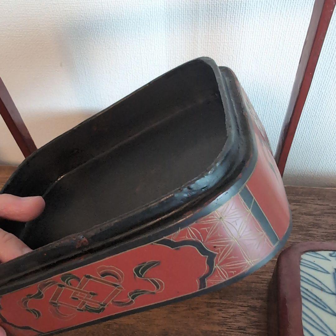 中国古玩　古染付上蓋　三段取手付重　漆器 菓子器・喰籠 古美術　骨董