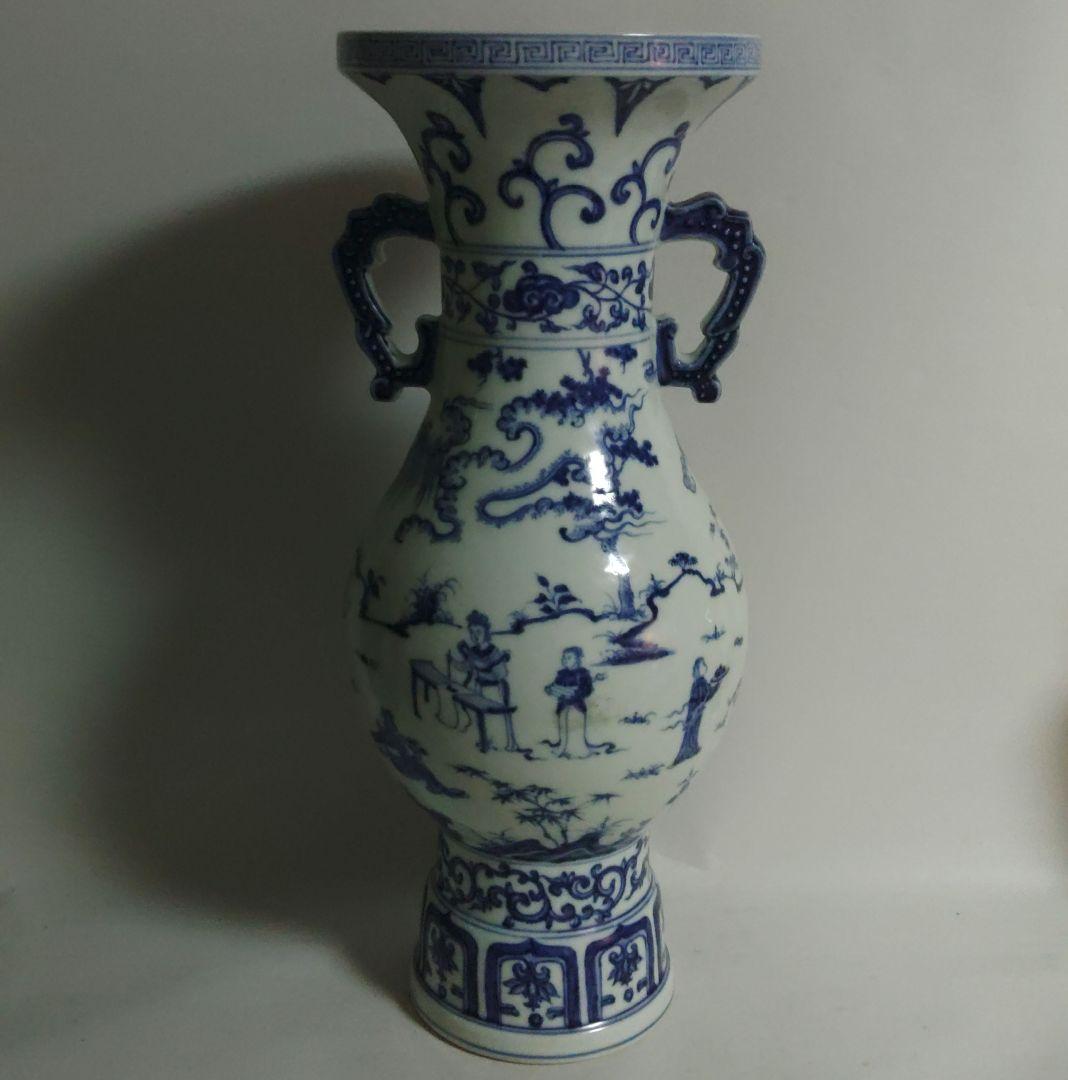 大明弘治年製　壺　花入　染付　中国　双耳盤口瓶　清朝　高さ約35.5cm 大明弘治年製 壺 花入 染付 中国 双耳盤口瓶 清朝