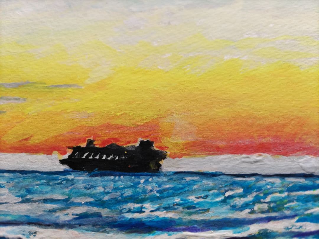 一点物原画】夕暮れの海と船 F6号 アクリル画