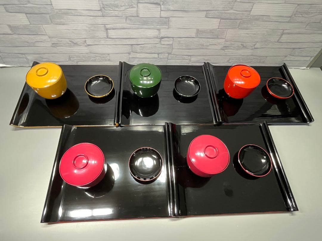 輪島塗　おしるこ椀　吸物椀　小皿　盆　八寸　5客セット　薄手　ポップな色味