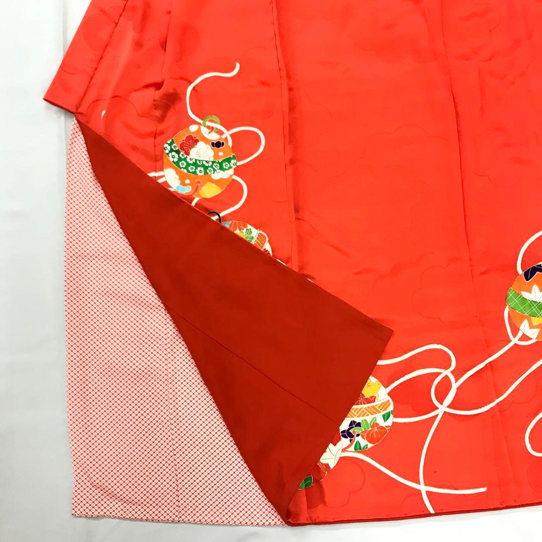 梅乃【082】正絹　7歳　四つ身　着物　朱色　鈴　手描き友禅　本加工　上質