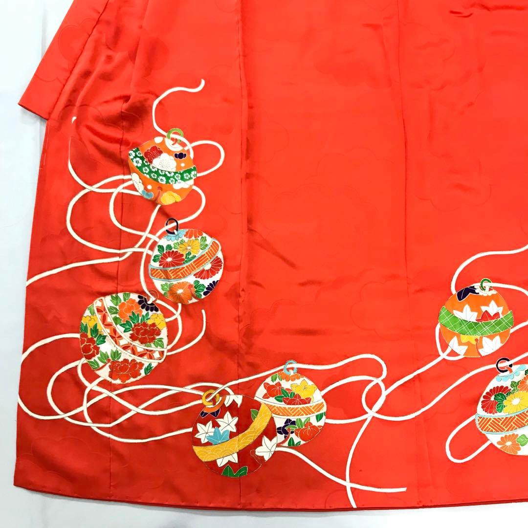 梅乃【082】正絹　7歳　四つ身　着物　朱色　鈴　手描き友禅　本加工　上質