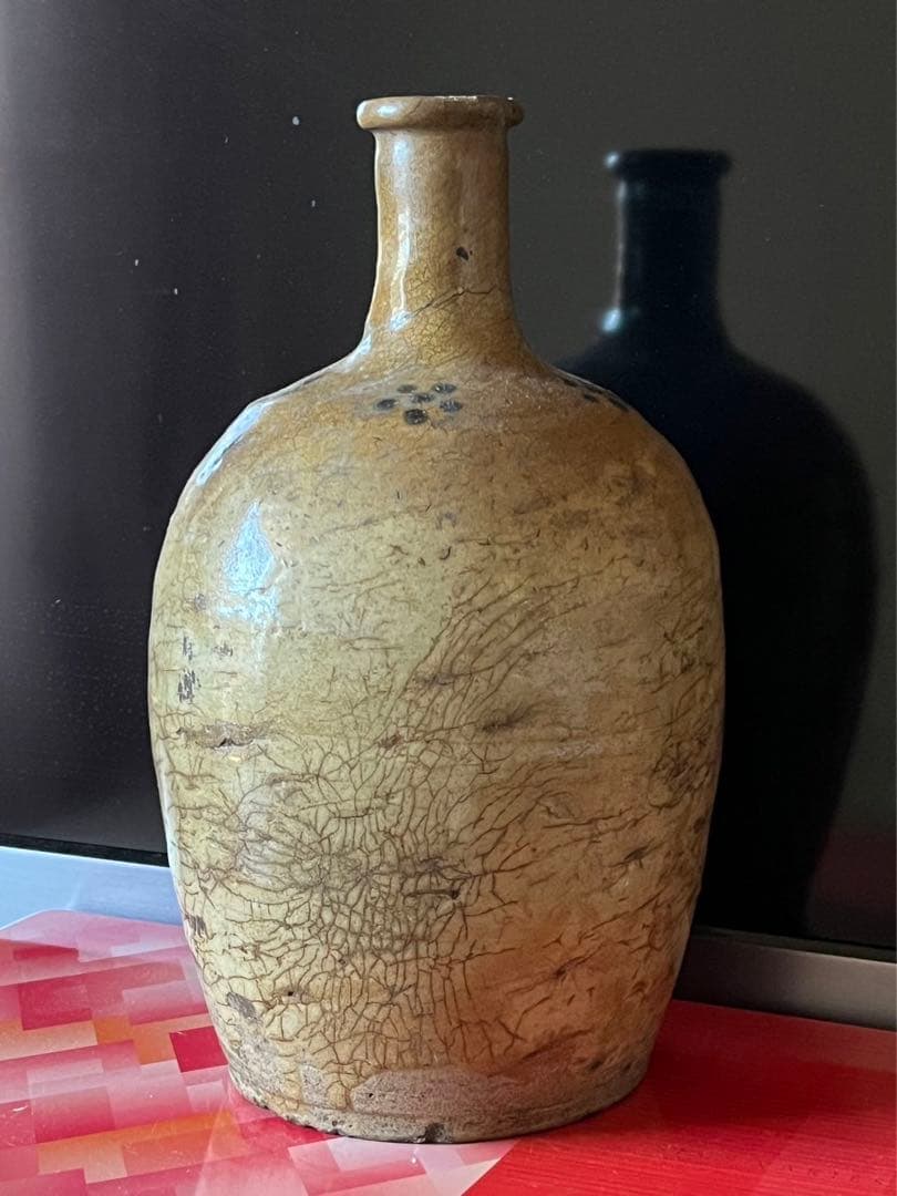 陶器製 古い徳利 黒い点模様