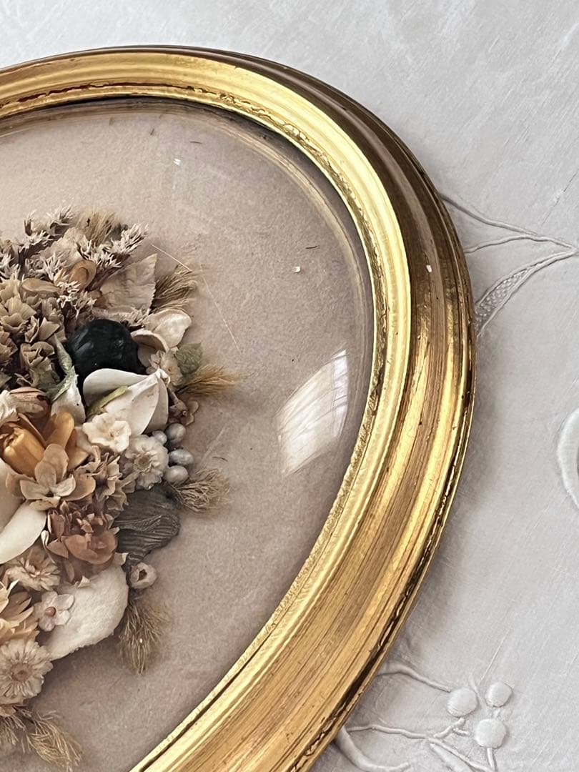 美品】フランスアンティーク ドライフラワー ドーム ゴールドフレーム