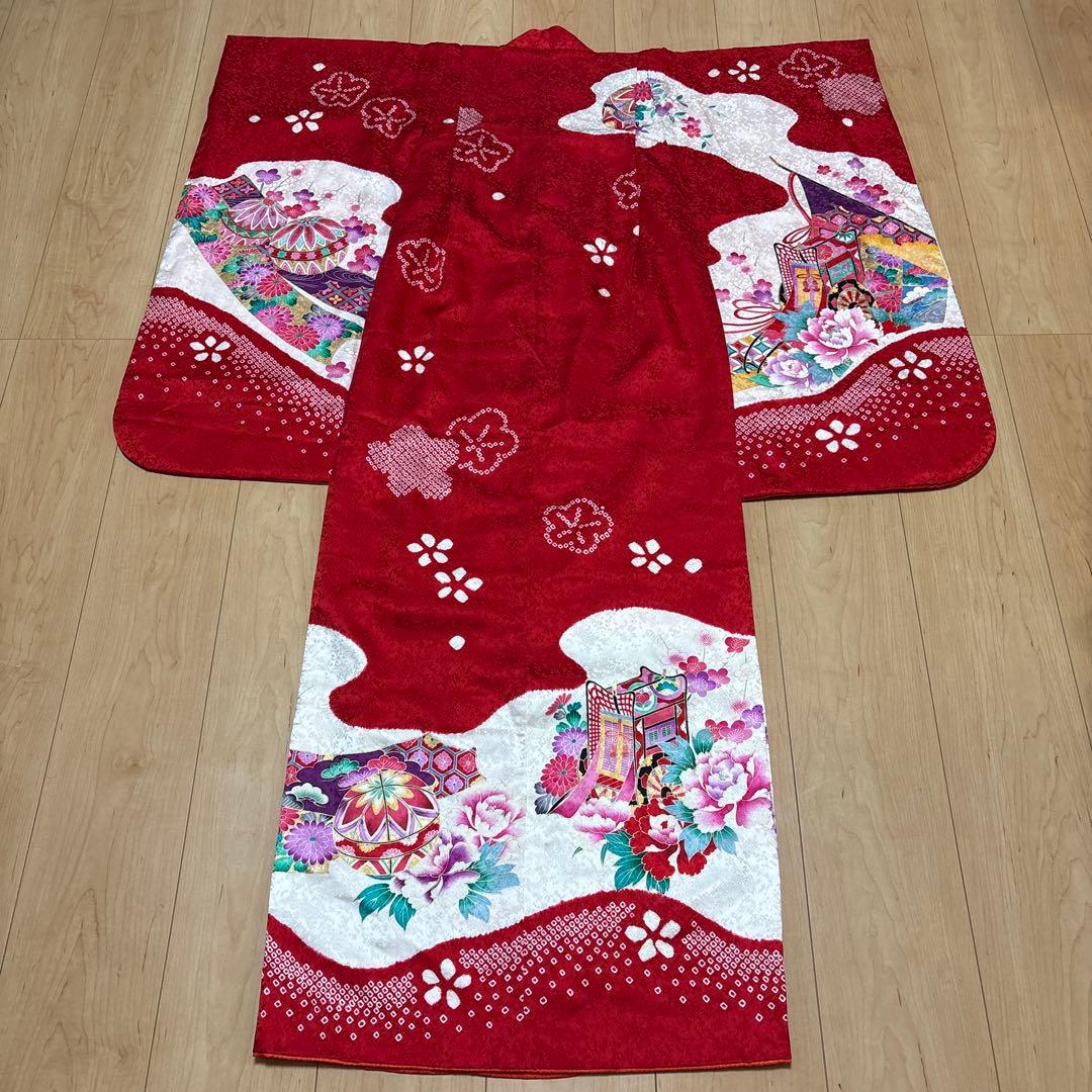 161 正絹　真紅×絞り　疋田　7歳 七五三着物フルセット　和装小物　袋帯