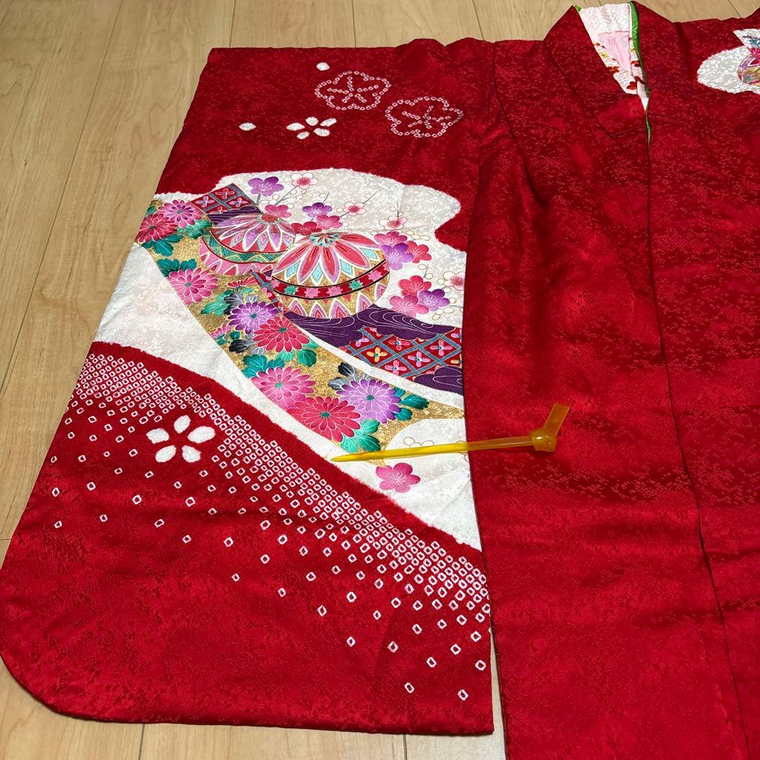 161 正絹　真紅×絞り　疋田　7歳 七五三着物フルセット　和装小物　袋帯