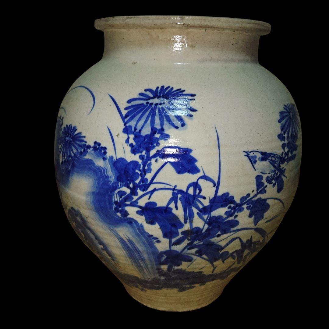 越後豊栄 太丘焼 四君子染付壺 明治美術 骨董品