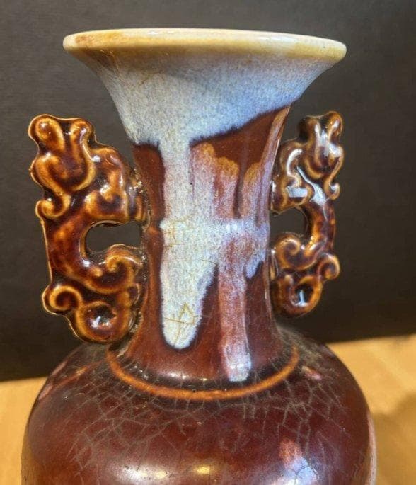 S8010　古美術　中国　金窯　紅袖　双目花瓶　飾壺　花瓶　花器