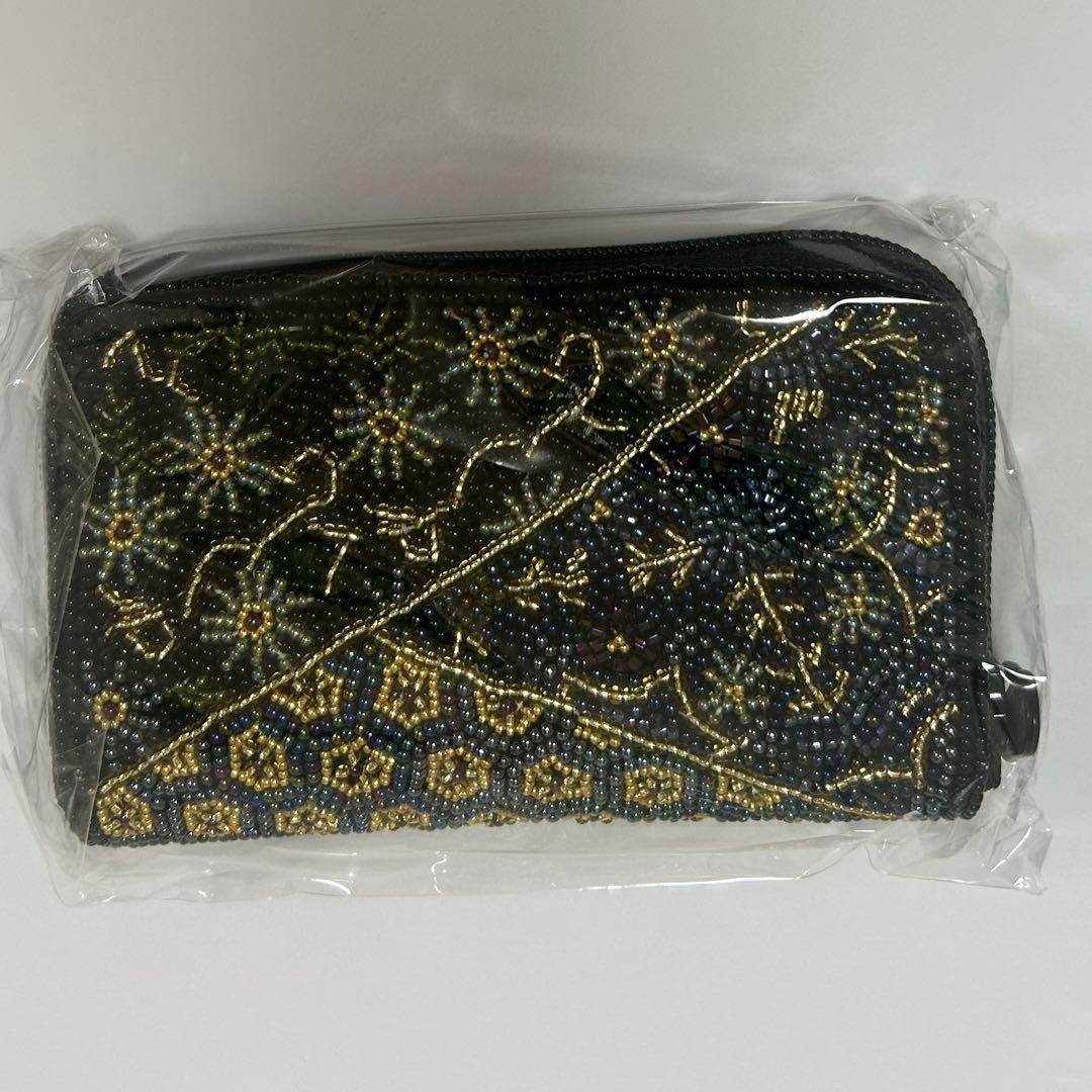 柏ビーズビーズ刺繍ラウンド小財布 新品未使用 柏ビーズ ラウンド小財布099