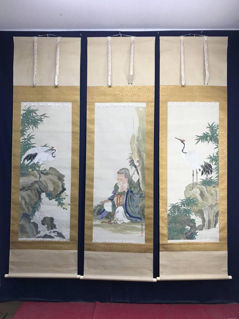 真作】永年/寿老人竹鶴図/人物図/花鳥図/三幅対/掛軸/名家伝来/AC-