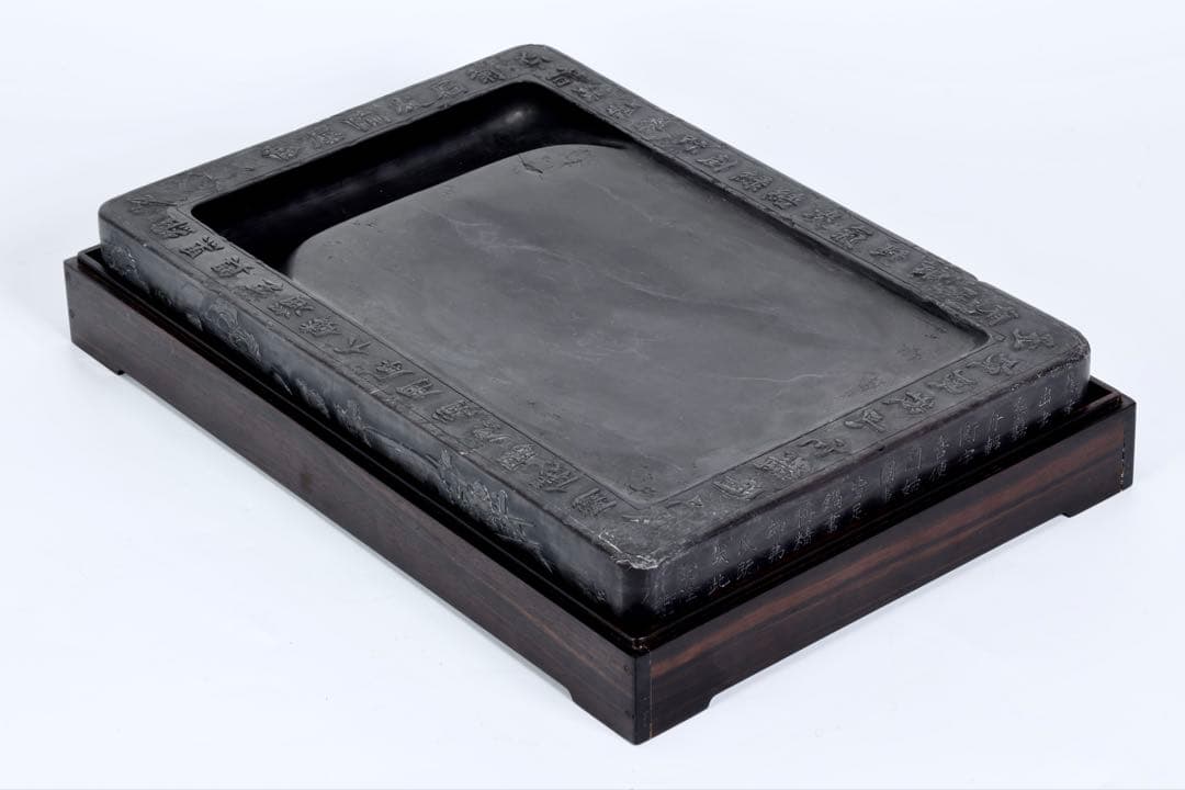 中国古玩 清乾隆帝御題詩刻 端渓石硯 12.5kg 唐木箱 書道具 古美術 骨董