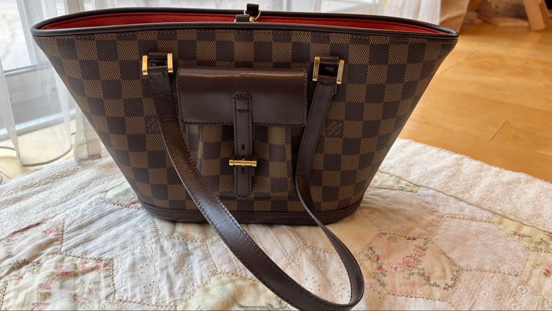 ねこパンチ様　ダミエパターン ブラウンレザートートバッグ　マノスク　pm