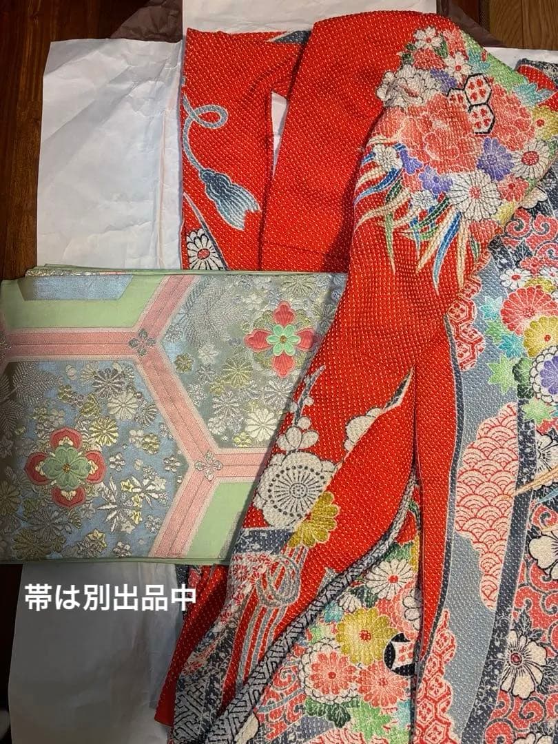 逸品】藤娘きぬたや 総絞り 振袖 橙色 裄64 長襦袢 刺繍半襟(さんび